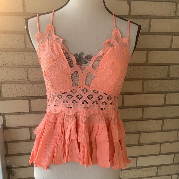 ❌DONATED❌Coral Orange Peach Babydoll Lace Appliqué Ruffle Tier Cami Top - Picture 5 of 17